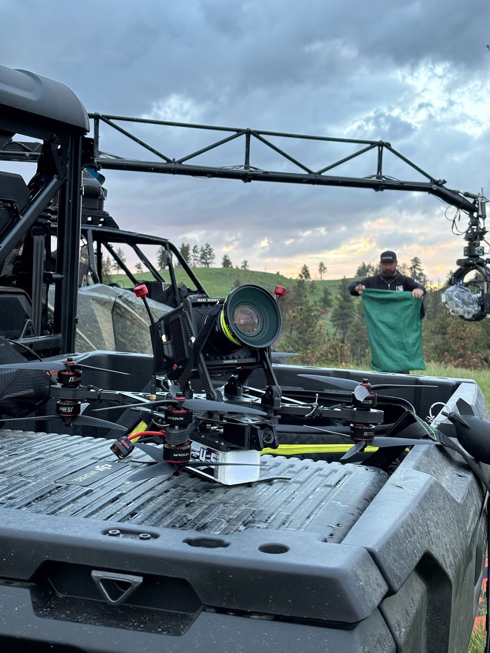 Rig staged on a truck bed on set
